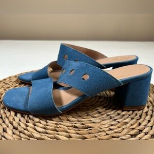 Able Blue Leather Mules with Block Heel and Cut-Out Design. Size 10.